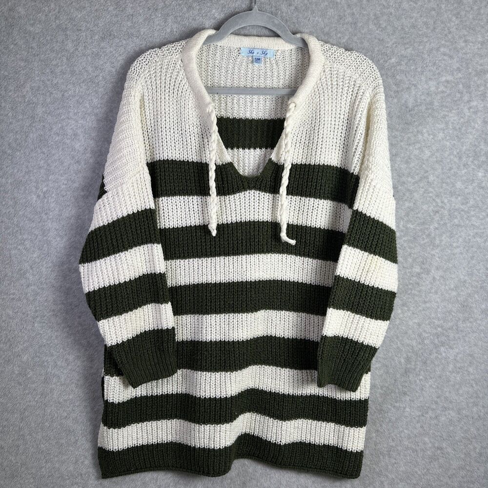She + Sky Botique Green White Women's Stripe Oversized Pullover Size S/M